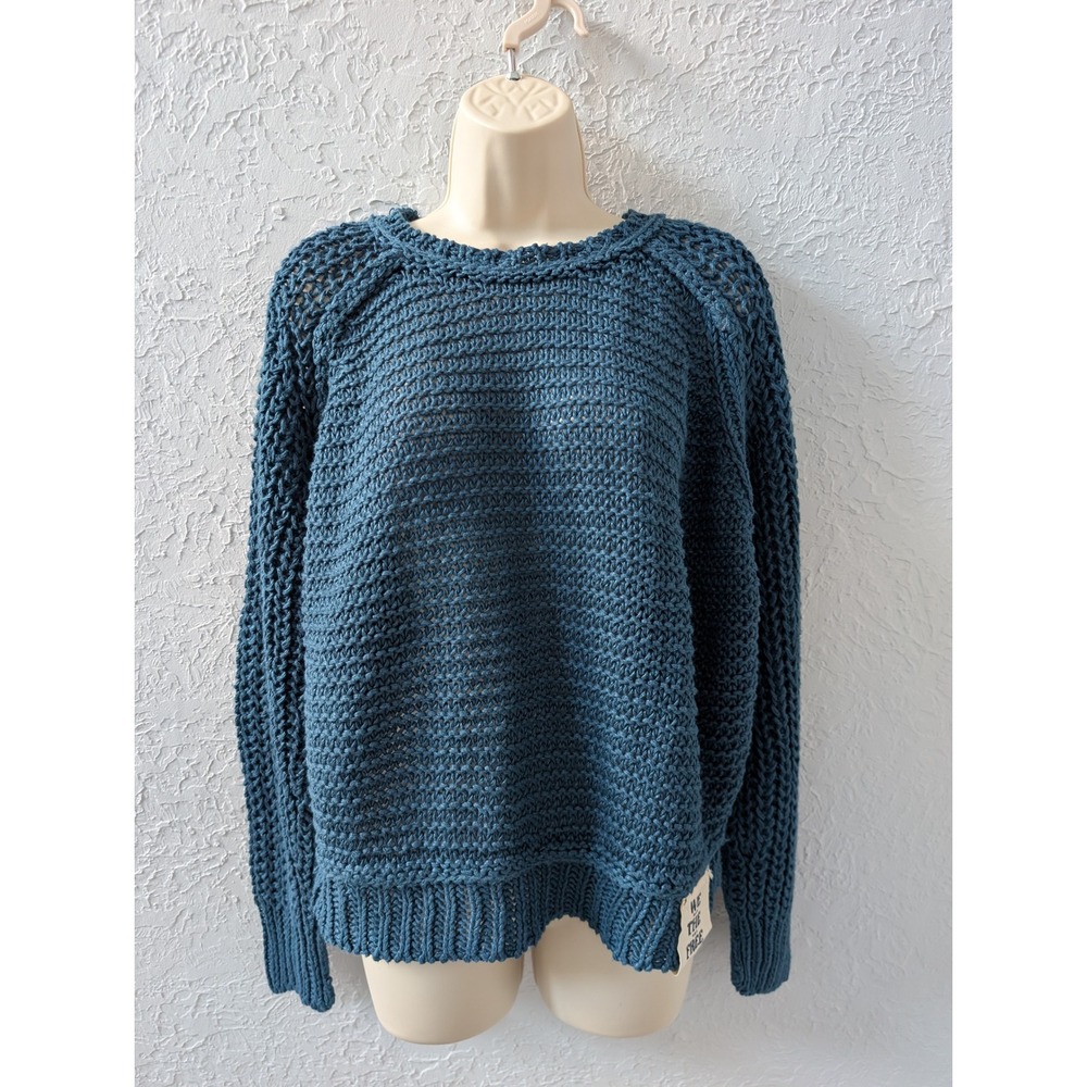 We The Free Sweater Women M 100% Linen Teal Blue Chunky Open Knit